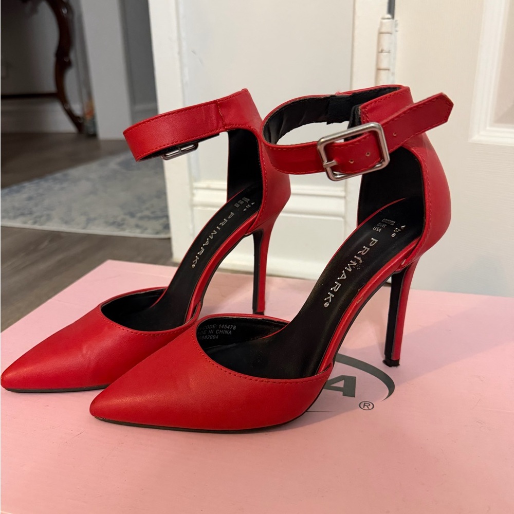 Primark Red Pointed Ankle-Strap Stiletto Heels - Picture 2 of 4